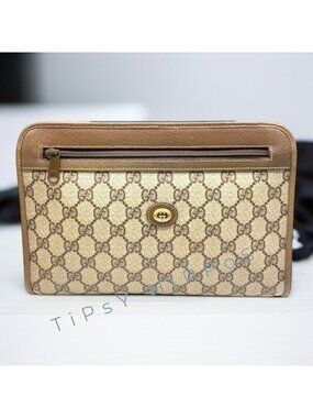 Gucci GG Supreme Monogram Brown Clutch Bag With Leather Trim - 97.01.037